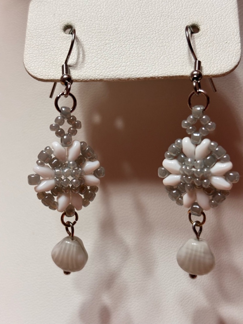 Handmade White and Gray Beaded Floral Drop Earrings 2.5 inches
